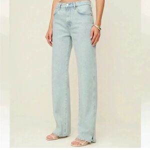 Reformation Val 90s Mid Rise Straight Blue Jeans Side Slits Light Wash Size 24
